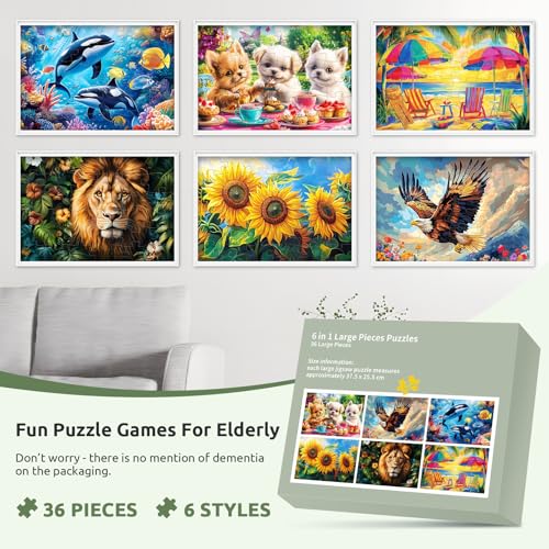 6 Pack 36 Large Piece Puzzles for Seniors, Dementia Alzheimer's Products Activities for Elderly Adults,Alzheimer’s Puzzle Memory Cognitive Games Easy Jigsaw Puzzle Gifts with 6 Storage Bags - style: 36 Large Pieces