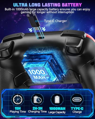 GaloDrmy Wireless Switch Controllers for Nintendo Switch/OLED/Lite/Switch 2 | 1000mAh Rechargeable Switch Pro Controller with 10 Color LED/Motion Control/Wake Up/Turbo/Hall Effect Joysticks, Red & Blue - color: Red & Blue