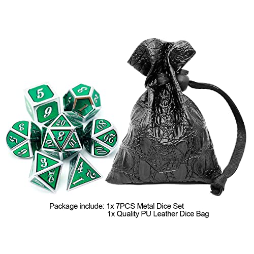 Haxtec Silver Emerald Green Metal DND Dice Set Enamel D&D Dice with Leather Dice Bag Compatible with Dungeons and Dragons TTRPG Gift for DND Lovers Players Masters - color: Silver Green