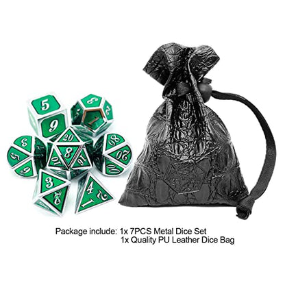 Haxtec Silver Emerald Green Metal DND Dice Set Enamel D&D Dice with Leather Dice Bag Compatible with Dungeons and Dragons TTRPG Gift for DND Lovers Players Masters - color: Silver Green