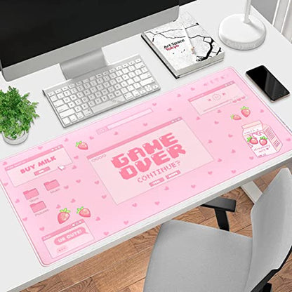 Pink Kawaii Anime Gaming Mouse Pad XXL, Strawberry Milk Mousepad Large, Aesthetic Laptop Keyboard Mats, Full Desk Mouse Mat for Women Girl 31.5X15.7 in - color: Pastel Game Over