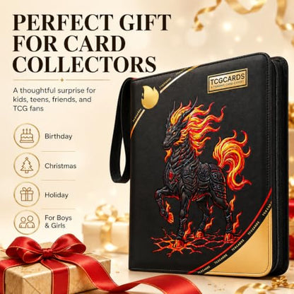Trading Card Binder 4 Pocket,50 Removable Sleeves Can Hold 400 Cards,Pu Material and Waterproof,3-Ring Zip Design for MTG/TCG/Sport Collectible Trading Card Albums (Flame Dragon Phoenix)