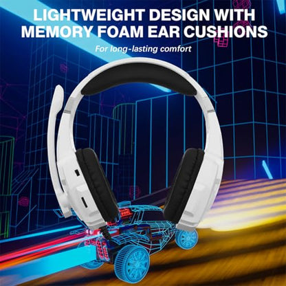 Cuifati Gaming Headset, Over Ear Headphone with Noise Cancelling Microphone and LED Lights, 40mm Drivers for PC, Laptop, Mobile Phone, Gaming Console (White) - color: White