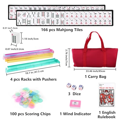 Goldge American Mahjong Tile Set – 166 White Tiles | 4 All-in-One Color Racks with Pushers, 3 Dice, Portable Red Carrying Bag – Complete Mahjong Game Set - color: Red