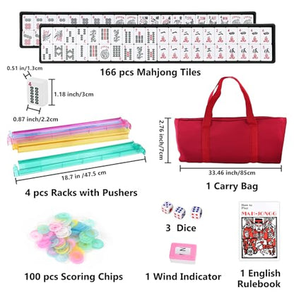Goldge American Mahjong Tile Set – 166 White Tiles | 4 All-in-One Color Racks with Pushers, 3 Dice, Portable Red Carrying Bag – Complete Mahjong Game Set - color: Red