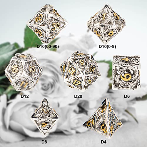 DND Dice,Hollow D&D Metal Dice,Dungeons and Dragons Dice Set with Gift Box,7 PCs Steampunk Polyhedral Dice Games Set for RPG,MTG,Pathfinder,(Dragon Silver Golden) - color: Dragon Silver Golden
