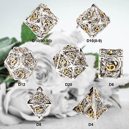 DND Dice,Hollow D&D Metal Dice,Dungeons and Dragons Dice Set with Gift Box,7 PCs Steampunk Polyhedral Dice Games Set for RPG,MTG,Pathfinder,(Dragon Silver Golden) - color: Dragon Silver Golden