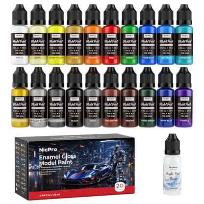 Nicpro 20 Colors Model Paint Set, Enamel-Like Gloss Finish, 20ml Ready to Use Modeling Acrylic Paints, Brush & Airbrush Compatible, Miniature Paint Set for on Model Cars, Figures, Crafts, with Thinner - color: 20 Colors