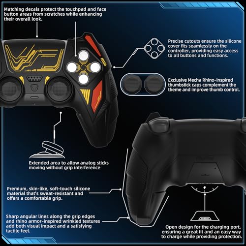 PlayVital Silicone Skin Set for PS5 Controller - Mecha Rhino Design, Anti-Slip Grip Cover Protector Compatible with Charging Dock, with Thumb Grips & Touchpad Sticker - Black & Caution Red - color: Black & Caution Red