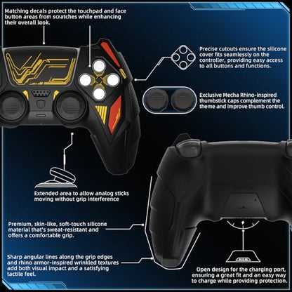 PlayVital Silicone Skin Set for PS5 Controller - Mecha Rhino Design, Anti-Slip Grip Cover Protector Compatible with Charging Dock, with Thumb Grips & Touchpad Sticker - Black & Caution Red - color: Black & Caution Red