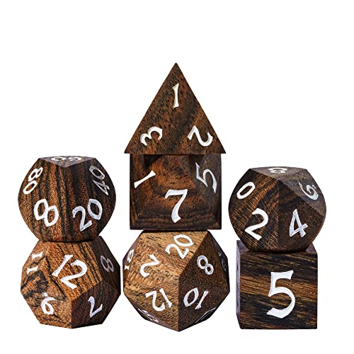 Wood DND Dice Set 7PCS Brown Wooden Dice Set for D&D Tabletop Games | Iron Box, DM Gift, for Dungeons and Dragons Role Playing Games - color: Brown Black Striped