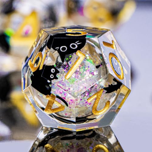 DND Cat Dice Set Colorful White Sharp Edge Dice with Box, RPG D and D Dice Dungeons Dragons Role Playing Game Polyhedral Resin Dice Set D20 D12 D10 D8 D6 D4 - color: Colorful White Gold