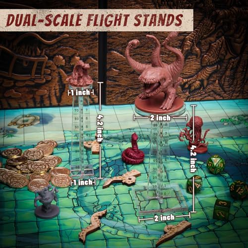 CZYY DND Flying Miniature Flight Stands, Set of 2 Acrylic Combat Risers | Small 1 in & Large 2 in Platforms, Tracks 0-9999 ft Altitude, Side Notches for Height Tracking, For Aerial RPG Combat Scenes