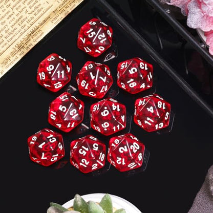 10 Pieces Polyhedral Dice Set D20 Dice 20mm Acrylic 20 Sided Game Dice for Dungeons and Dragons RPG MTG DND Dice Table Games (Transparent Red) - color: Transparent Red