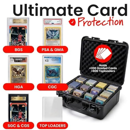 4 Row Graded Card Storage Box, IP67 Waterproof Hard Slab Case Holds 200+ PSA BGS SGC Graded Cards & 800+ Top Loaders, Baseball Sports Trading Card Carrying Case with Dividers, Large - size: LARGE