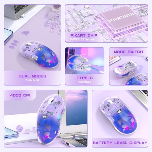 ZIYOU LANG A2 Transparent Wireless Gaming Mouse with Battery Level Display,Bluetooth/2.4G Wireless PC Mice,3D RGB Backlit,5 Million Clicks,PixArt 3212,up to 4000 DPI for Win/MAC,Purple - color: Purple
