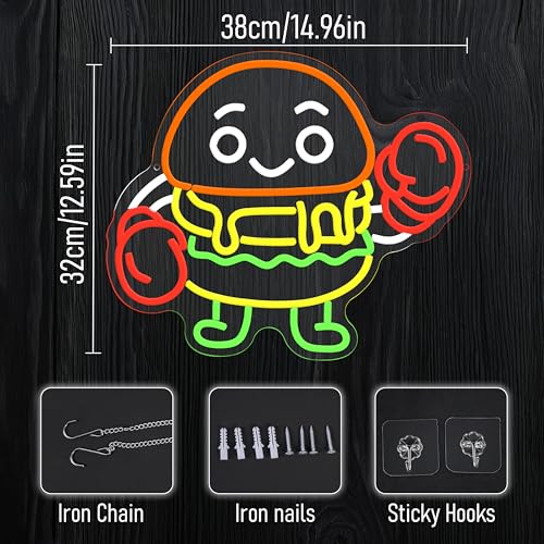 Boxing Hamburger Neon Sign Dimmable Food Burger Neon Light Hamburg Boxing Led Light Sign for Wall Decor Business Restaurant Bar Party Snack(12.6 * 14.96In) - style: Boxing Hamburger