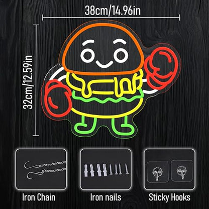 Boxing Hamburger Neon Sign Dimmable Food Burger Neon Light Hamburg Boxing Led Light Sign for Wall Decor Business Restaurant Bar Party Snack(12.6 * 14.96In) - style: Boxing Hamburger