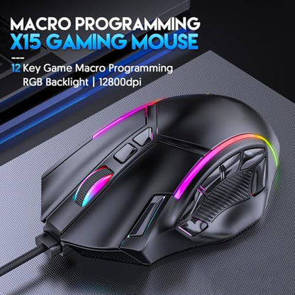 Wired Gaming Mouse, 12800DPI Ergonomic Mouse Programmable Computer mouse wired, 12 Keys Macro Definition Computer Gaming Mouse