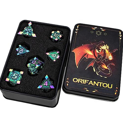 7PCS Metal DND Dice Set with Box, Debris RPG Red D and D Dice for use with D&D Tabletop Games Role Playing Game Polyhedral Dice Set D20 D12 D10 D8 D6 D4 - color: Dazzling Green