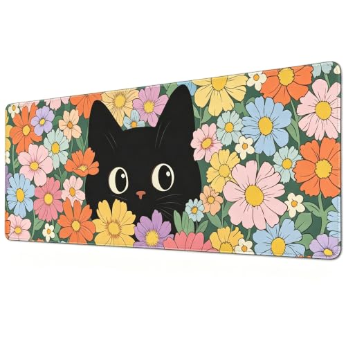 Cute Cat Mouse Pad Gaming, Large Mouse Pads for Desk, Extended Mousepad with Non-Slip Rubber Base Stitched Edge, Black Cat Mousepad Keyboard Mat for Desk Gaming Home Office, 31.5" x 11.8" - color: Mpad#Floral Cat01, size: 31.5L x 11.8W inches