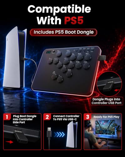 Leverless Controller for PS5, PS3, Switch, PC & Steam Deck, Wired 16-Button Fight Stick with PS5 Boot Dongle, Leverless Arcade Stick, OLED, Web Config, Hot-Swap Keys, SOCD, Turbo & RGB