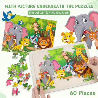 6 Pack Wooden Puzzles for Kids Ages 4-8, 60 Piece Jigsaw Puzzle Set | Preschool Educational Brain Teaser Toys, Animals Dinosaur Space & Vehicles, Educational Toys for Boys and Girls
