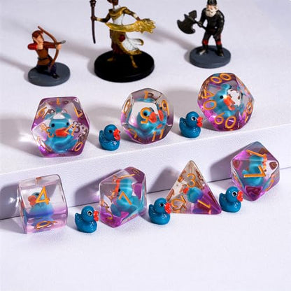 Resin DND Duck Dice Set, D&D Polyhedral Dice for Dungeons and Dragons RPG, MTG Role Playing Games D and D Dice 7pc D20 D12 D10 D8 D6 D4 - color: Blue Duck