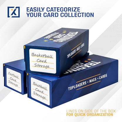 HOMEXPRO Easy Fold Trading Card Storage Box [3 PACK] Magnetic Lid | Toploader Storage Box Fits 800 Cards, 200 Toploaders, or 50 One Touch | Baseball Card Storage Box - Labels included - style: Blue - 3 Pack