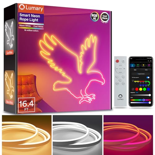 Lumary Smart RGBAI Indoor Neon Rope Light 16.4Ft, CCT 2200-6500K, 180LEDs/m | 16 Million Colors, Softer Material, Compatible with Alexa/Google Assistant, Music Sync, 44+ Scene Modes for Bedroom, etc - size: 16.4FT