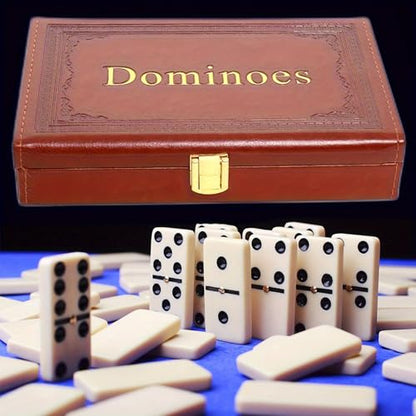 Double 6 Dominoes Set with Spinners, 28 Ivory Tiles & Leatherette Case | Smooth Ivory Tile Finish Durable Storage Case Classic Domino Gameplay Easy Travel Organization