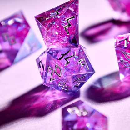 Iridescent DND Dice Set with Glowing LED Display Box – Sharp Edge Polyhedral Dice with Mesmerizing Finish | Bonus Stickers Included | Dungeons and Dragons (TTRPG) Dice Set - color: (Non-liquid Core) Iridescent - Feybound