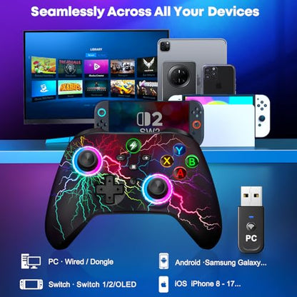 Svetaecho Wireless PC Controller with Hall Effect Triggers - Multi-Platform Gaming Controller for Switch 2/Steam/iOS/Android, RGB Lighting, Ergonomic Grip& Display Stand - color: Multi-with Stand