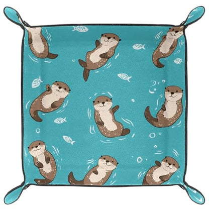 Dice Trays Otters Animals Holder Storage Box for Dice Games Like RPG DND, Leather Dice Holder Portable Folding Rolling Dice Tray, 16x16cm - color: Multi 7