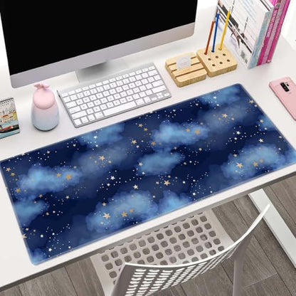 Stars and Clouds Desk Mat Large Gaming Mouse Pad XL Extended Mousepad Desk Pad Big Keyboard Pad Desktop Mouse Mat 31.5"x11.8" Deskmat for Gamers with Stitched Edges Non-Slip Rubber Base - color: Stars and Clouds