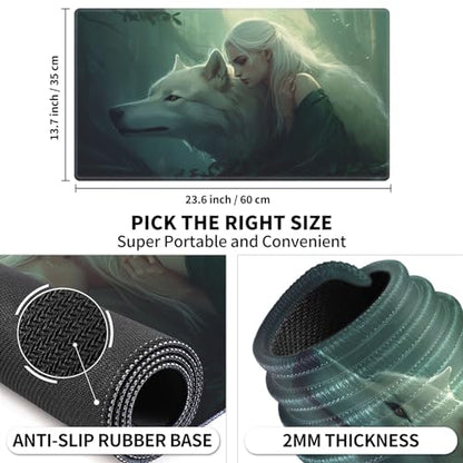 Playmat 24" x 14" Game Mats Tabletop Magic for MTG/TCG Cards, Trading Card Game Playing Stitched Play Mats Commander Deck Gaming Desk Mat Card Gameplay Mats, Elven Maiden with Wolf - color: Elven Maiden With Wolf, size: 24"X14"