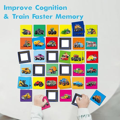 Hebayy Truck Matching Game, 72 PCS Traffic Memory Matching Cards for Toddlers 36 Pairs Transportation Memory Cards Educational Toys for Preschool Boys & Girls 4 5 6 Years Old - style: Truck