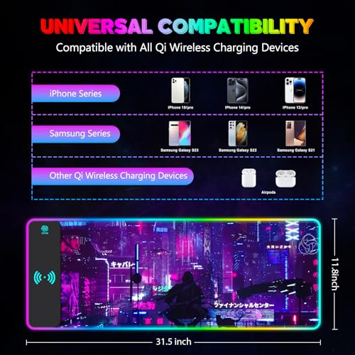 RGB Mouse Pad with 15W Wireless Charging, Purple Anime Neon Extended Large LED Gaming Mouse Pad Non-Slip Rubber Base, 10 Light Modes Desk Pad for Home Office-Warrior Cat - color: Warrior Cat