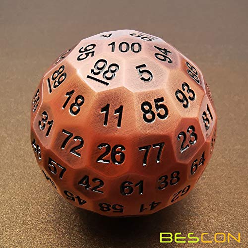 Bescon Solid Metal 100 Sided Dice, Game Dice D100, Giant Polyhedral Metal 100 Sides Dice 50MM in Diameter (1.97in), Ancient Copper - color: Solid Metal Ancient Copper D100