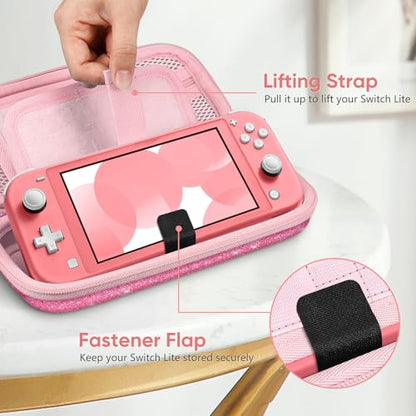 FINTIE Shockproof Carrying Case for Nintendo Switch Lite 2019 | Hard Shell Protective Cover, Portable Travel Storage Bag, Game Card / Micro SD Card Slots, Inner Pocket, Glittering Pink - color: Glittering Pink