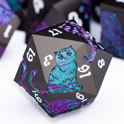 Metal DND Cat Dice 7PCS Polyhedral RPG Dice Set with Gift Case for Dungeons Dragons Role Playing Game, D and D Dice D6 D8 D10 D12 D20 D% (Purple Green) - color: Cat-purple Green&black