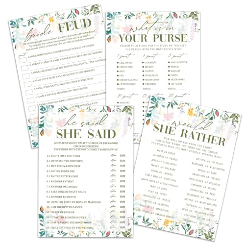 Wildflower Bridal Shower Games Set, 4 Games Includes He Said She Said, Would She Rather, What is in Your Purse, Bride Feud, 50 Double-Sided Cards, Wedding Party Supplies -02 - style: 4 Games Set-02