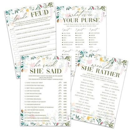 Wildflower Bridal Shower Games Set, 4 Games Includes He Said She Said, Would She Rather, What is in Your Purse, Bride Feud, 50 Double-Sided Cards, Wedding Party Supplies -02 - style: 4 Games Set-02