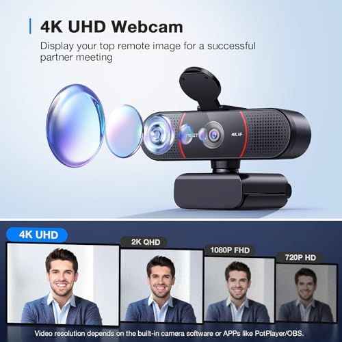 EMEET C960 4K Webcam with Tripod, 3 Adjustable Height, 360° Swivel Head | DesktopTripod w/Privacy Cover, PDAF Auto Focus, Dual Omni Mics, Auto Light Correction, Perfect for Online Meetings - style: 4K Tripod