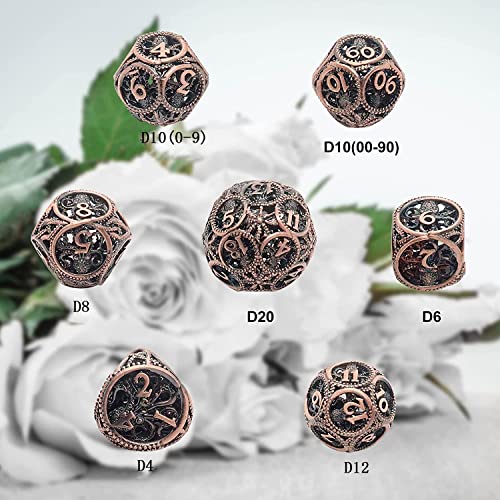 DND Dice,Hollow D&D Metal Dice,Unique Round Ball Design Octopus Dice with Gift Box for Dungeons & Dragon Gaming,7 PCs Steampunk Polyhedral D and D Dic(Ball Octopus red Copper) - color: Ball Octopus Red Copper