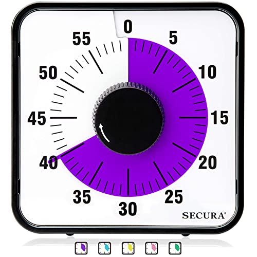 Secura 60-Minute Visual Countdown Timer, 7.5-Inch Oversize Classroom Visual Timer for Kids and Adults, Durable Mechanical Kitchen Timer Clock with Magnetic Backing (Purple) - color: Purple & Black