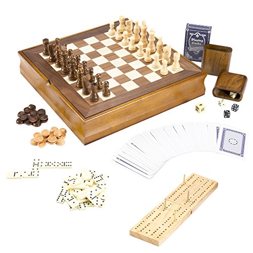 Hey! Play! 7-in-1 Classic Wooden Board Game Set – Old Fashioned Family Game Night Cards, Dice, Chess, Checkers, Backgammon, Dominoes and Cribbage (12-HY2691) - style: 7-in-1 Old Fashioned