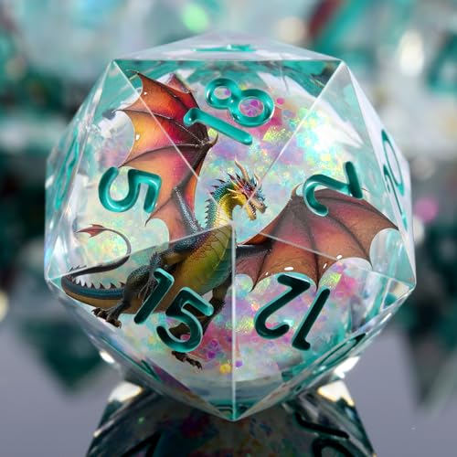 DNDND Shinny Liquid Core Dice Set | 7-Piece Sharp Edge D&D Dice with Ancient Dragon Design | Gift Metal Case for Dungeons and Dragons RPG Tabletop Gaming - color: Liquid Dragon Pink