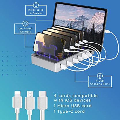 Charging Station for Multiple Devices, 6-Port USB Fast Charger with 6 Mixed Cables, Multi-Device Charging Dock for iPhone, iPad, Android Phones, Tablets, Kindle (Silver, Desktop & Wall Mount)