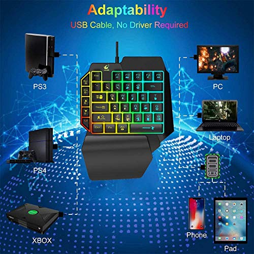 One Hand Gaming Keyboard and Mouse Combo, Wired 39 Keys Mechanical Feel Rainbow Backlit with Wrist Rest For PC/Xbox/PS4 Portable Mini Single-Handed Keyboard&RGB Gaming Mouse(Black)
